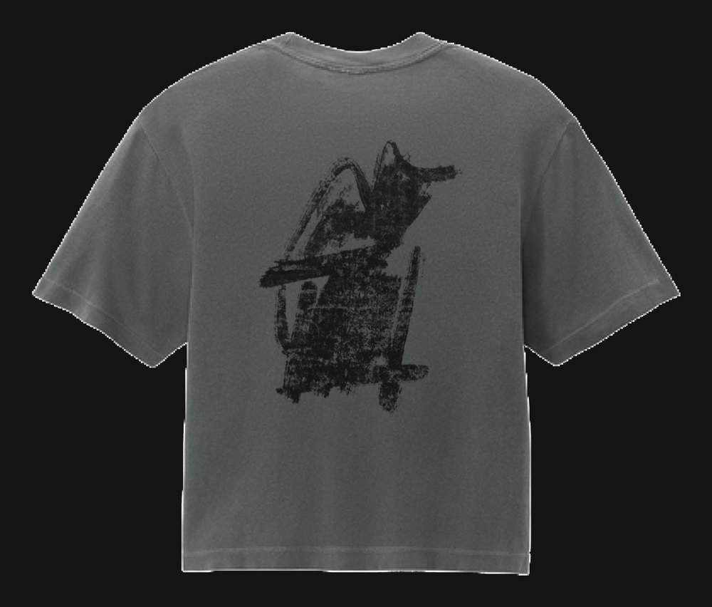 House Patrick 2025 cropped tee, back print in matte black on pepper grey