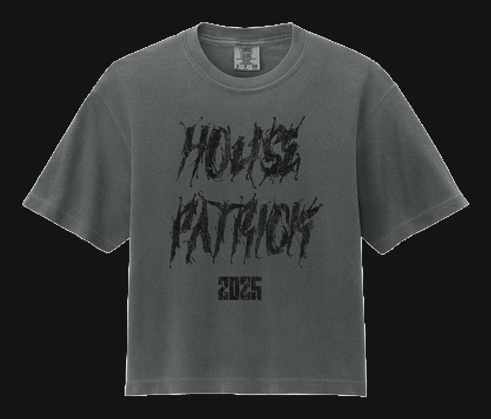 House Patrick 2025 cropped tee, front print in matte black on pepper grey